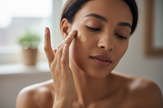 Woman putting on liquid foundation.