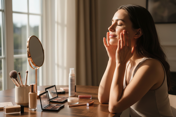 A woman putting on primer.