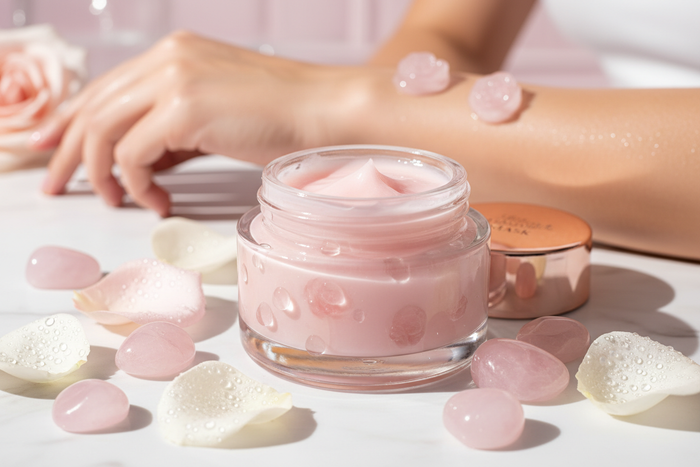 An open jar of mask and an arm with the product.