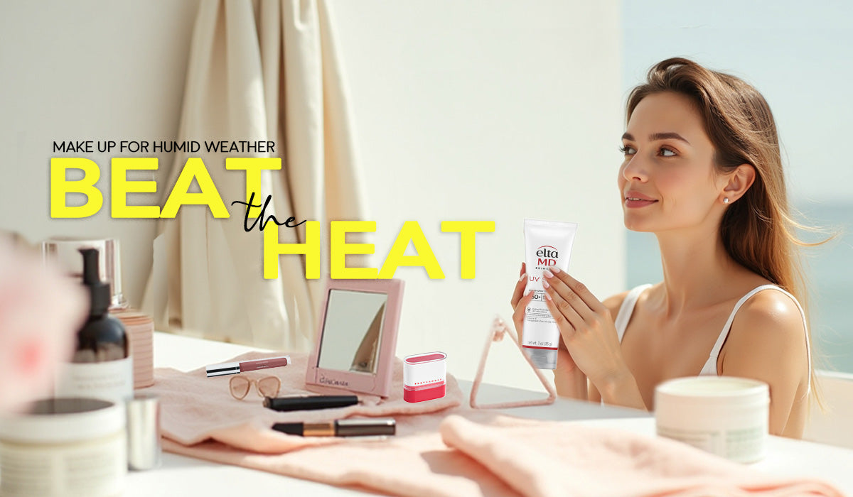 A woman holding a sunscreen in front of table with make up.