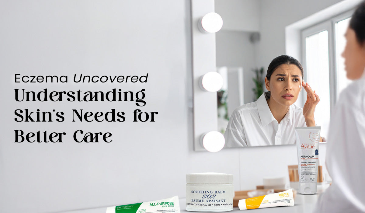 Woman examines skin in mirror with eczema care products on counter.