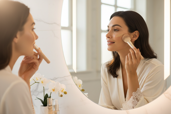 A woman applying foundation.