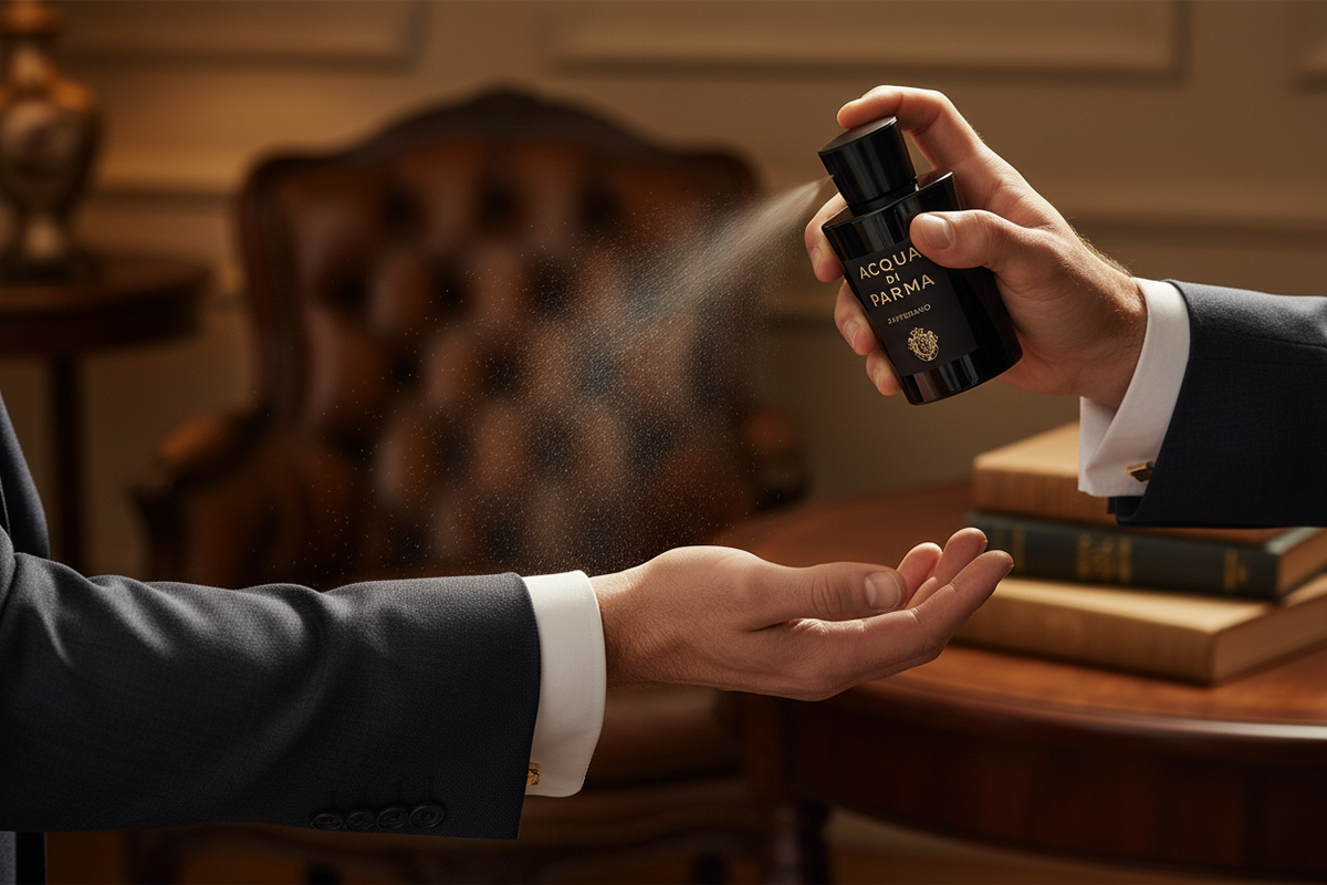 A perfume being sprayed on the wrist.