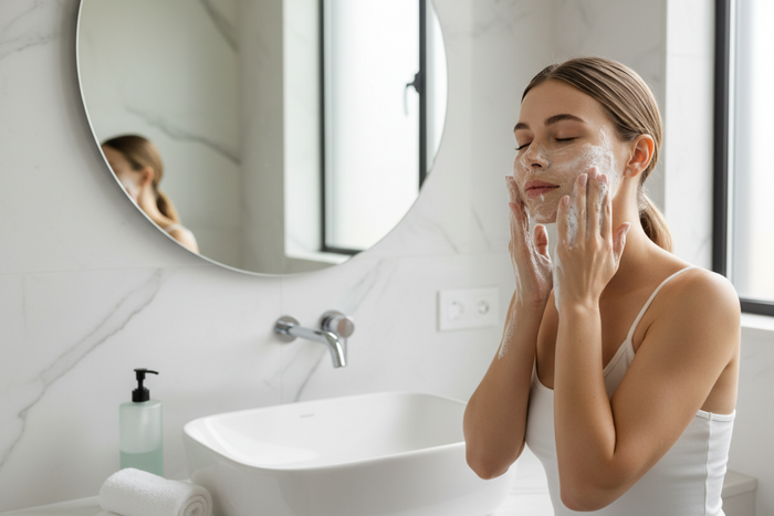 A woman cleansing her face.
