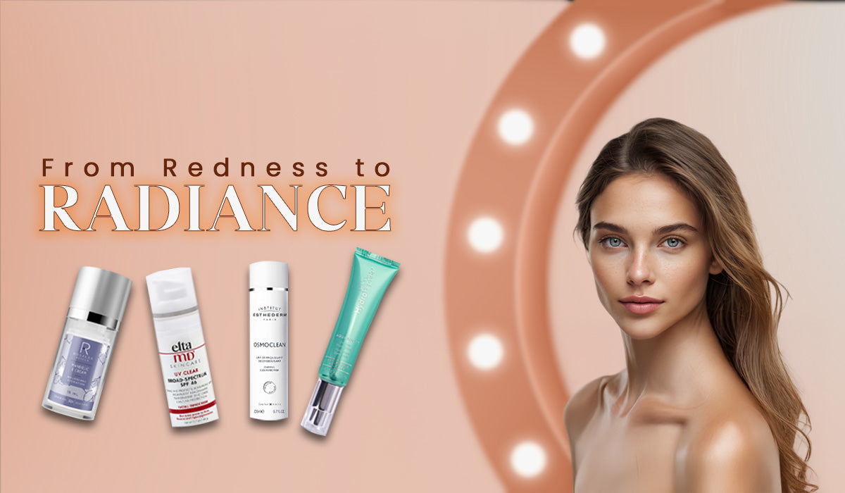 Rosacea skincare products and glowing woman inFrom Redness to Radiance