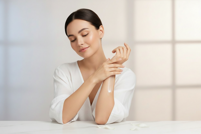 A woman applying body cream.