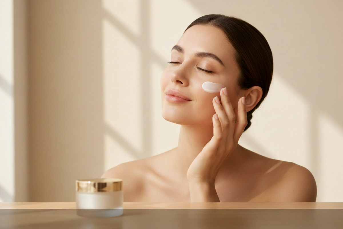 A woman with cream on her face.