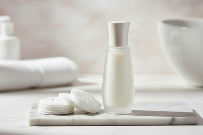 A bottle with cotton pads on the side.