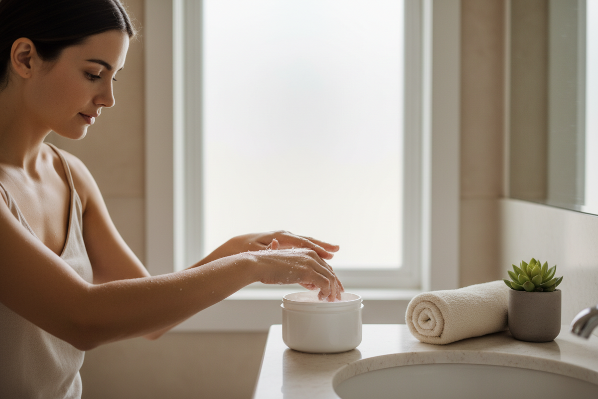 A woman using Salt Scrub.