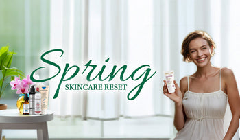 Smiling woman holding skincare product for spring skincare reset.