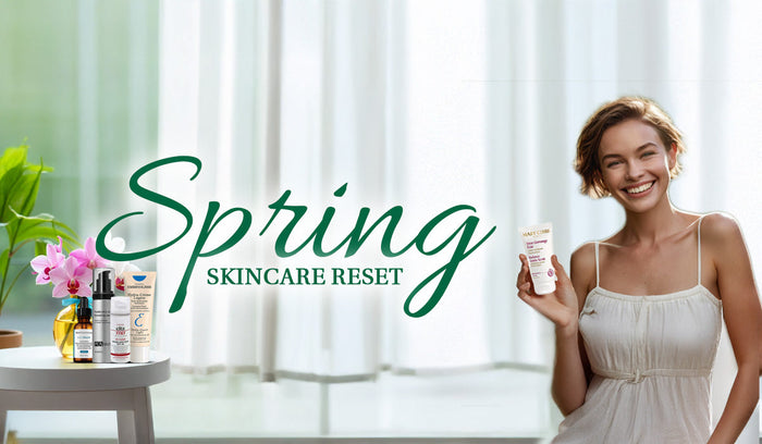 Smiling woman holding skincare product for spring skincare reset.
