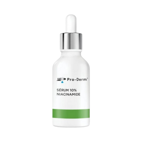 Buy ProDerm 10% Niacinamide Serum for blemish-prone skin. Face serum with aloe vera and ceramides in sleek white packaging with green label.