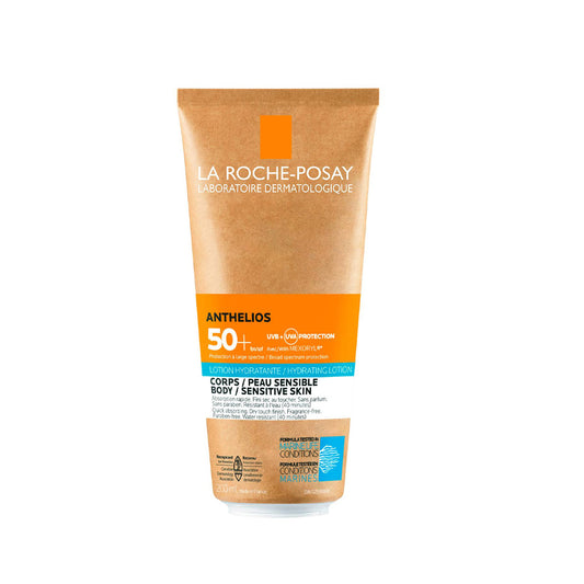 Lóis La Roche Posay SPF 60 i bpacáistiú éicea-chomhfhiosach le SPF50+ don aghaidh agus don chorp. Tá grianscéithe hiodráitithe oiriúnach do chraiceann íogair.