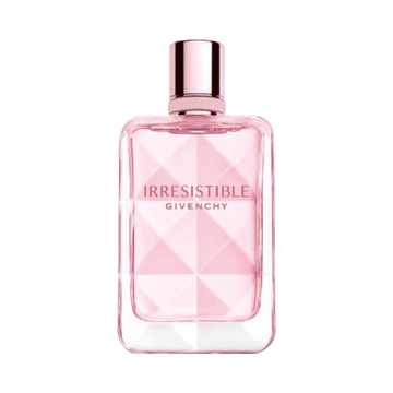 Givenchy Irresistible Very Floral women's fragrance in a pink geometric glass bottle with rose gold cap. Features rose and white floral notes.