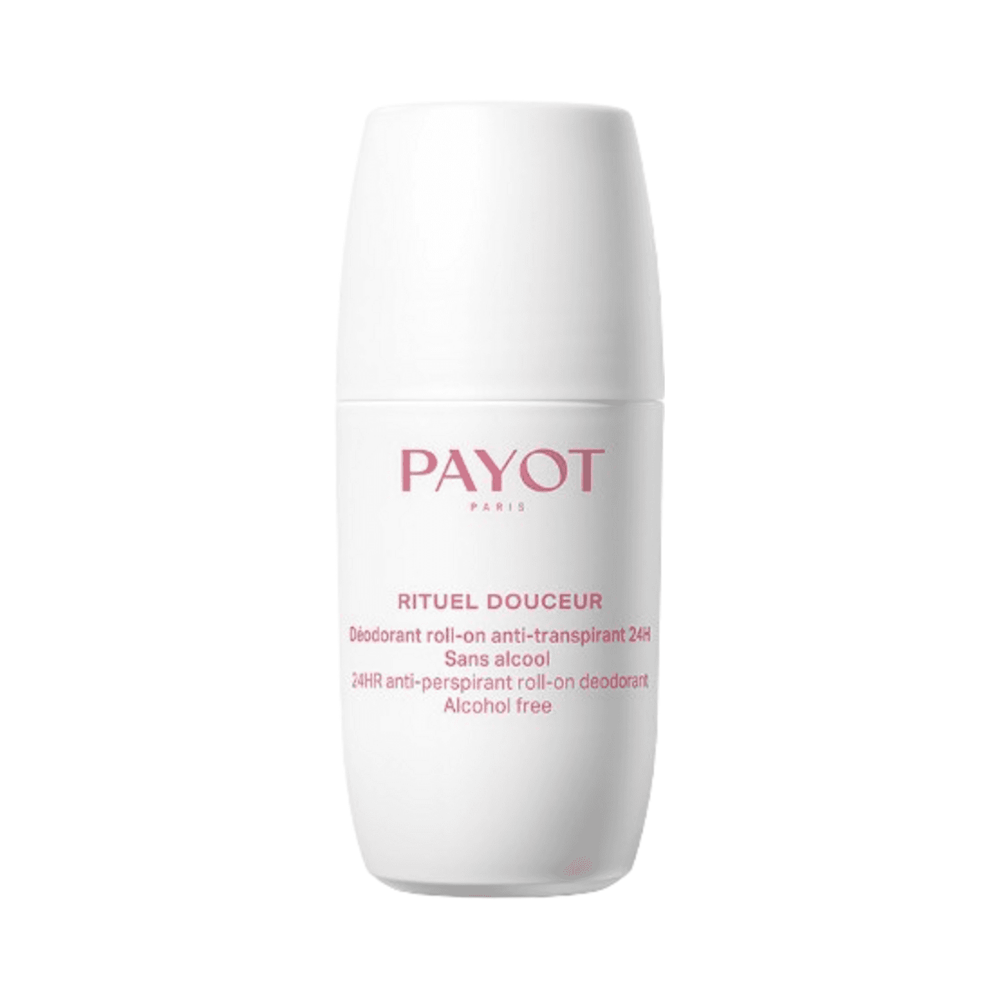 Payot 24H Anti-Perspirant Roll-On Deodorant in a sleek white bottle with pink text. Ideal for sensitive skin and daily body care protection.