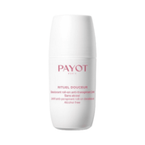 Payot 24H Anti-Perspirant Roll-On Deodorant in a sleek white bottle with pink text. Ideal for sensitive skin and daily body care protection.