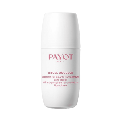 Payot 24H Anti-Perspirant Roll-On Deodorant in a sleek white bottle with pink text. Ideal for sensitive skin and daily body care protection.