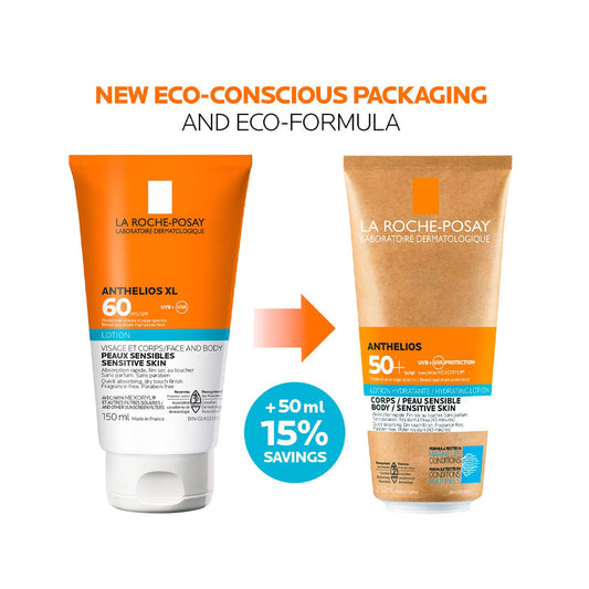 Comparáid idir éiceaphacáistiú sean agus nua lotion La Roche Posay SPF 60. Tairgeann feadán nua SPF50+ 50ml níos mó le coigilteas 15% agus bailchríoch Neamhlonrach.