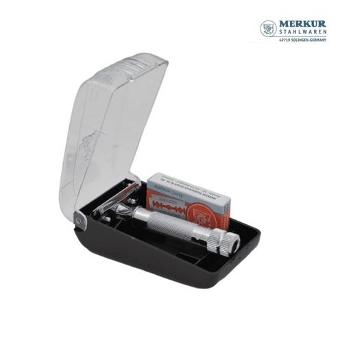 Merkur 34C 2-Piece DE Safety Razor, Closed Comb, Knurled Extra Thick Handle (HD), Chrome, in Hard Plastic Case with 10 Blades