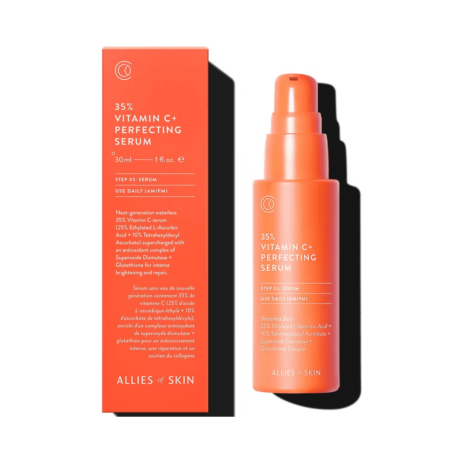 Allies of Skin Vitamin C Serum for Face with outer packaging, showcasing key ingredients like 25% Ethylated L-Ascorbic Acid and Glutathione Complex.