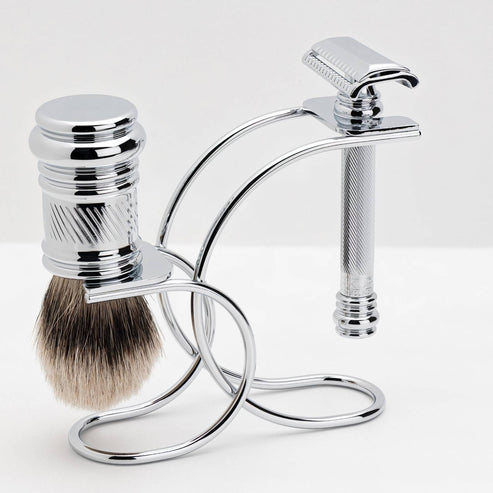 Merkur Shaving Set with MK-39001 Razor, Silver Tip Badger Brush and Curved 3-piece Stand, Chrome