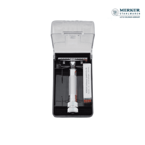 Merkur 34C 2-Piece DE Safety Razor, Closed Comb, Knurled Extra Thick Handle (HD), Chrome, in Hard Plastic Case with 10 Blades