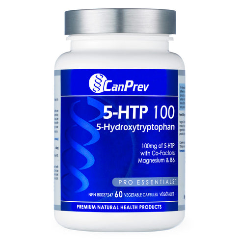 Front label of CanPrev 5-HTP 100 with B6 and Magnesium, a natural supplement for mood balance, restful sleep, and pain relief support.