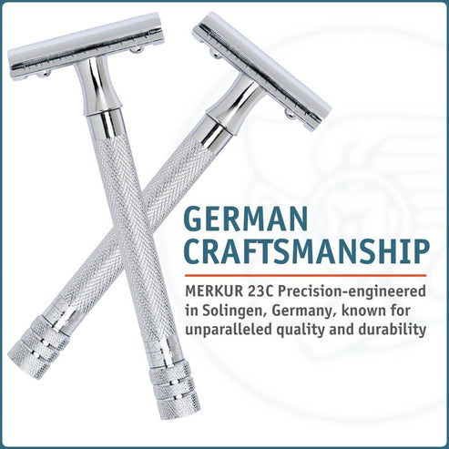 Merkur 23C 3-Piece DE Safety Razor, Closed Comb, Knurled Extra Long Handle, Chrome