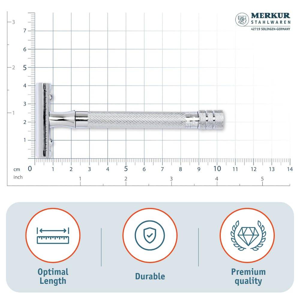 Merkur 23C 3-Piece DE Safety Razor, Closed Comb, Knurled Extra Long Handle, Chrome