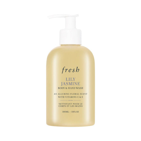 Fresh Lily Jasmine Body and Hand Wash, 300ml/10,14 fl oz i en pumpeflaske med blomsterduft og vitamin C & E for hudpleie.