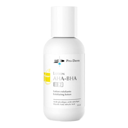 ProDerm AHA-BHA Lotion 50 ml exfoliating skin care product with glycolic and salicylic acid for smooth, radiant facial skin.