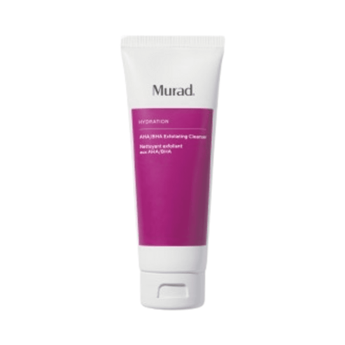 Murad AHA BHA Exfoliating Cleanser in a white and magenta tube, ideal for smoother skin and targeting dullness and uneven texture.