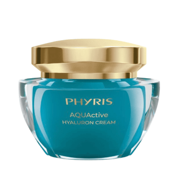 Phyris AQUActive Hyaluron Cream in a luxurious blue and gold jar, a deep moisturizer for hydrating and smoothing dry, sensitive skin.