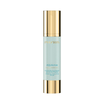 Phyris AQUActive Hyaluron Gel in a sleek gold and blue pump bottle, ideal for hydrating and cooling dry facial and neck skin.