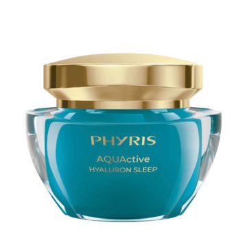 Phyris Hyaluron Sleep Cream in a luxurious blue and gold jar for deep overnight hydration. Ideal night cream for dry skin care and facial moisturization.