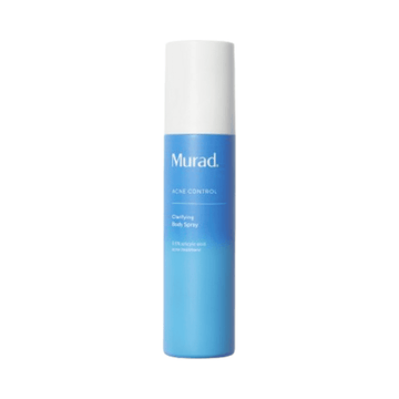 Murad Clarifying Body Spray - Acne Body Spray in blue bottle for targeted breakout prevention on back and shoulders.