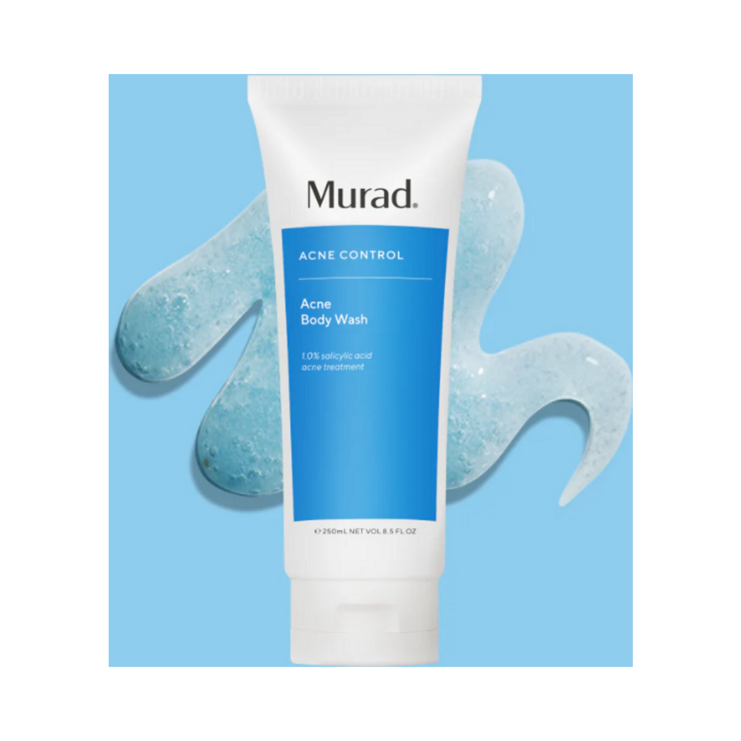 Murad Acne Body Wash with salicylic acid shown with gel texture, formulated to treat and prevent body breakouts.