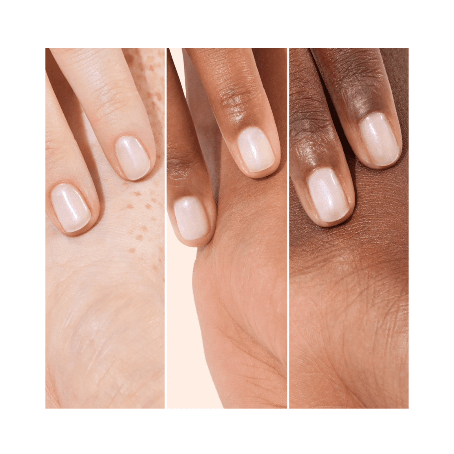 Three skin tones with nails painted in Active Bright polish. Showcases universal brightening effect across diverse complexions.