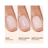 Before and after comparison of nails with 0, 1, and 2 coats of Active Bright polish. Demonstrates progressive brightening effect.