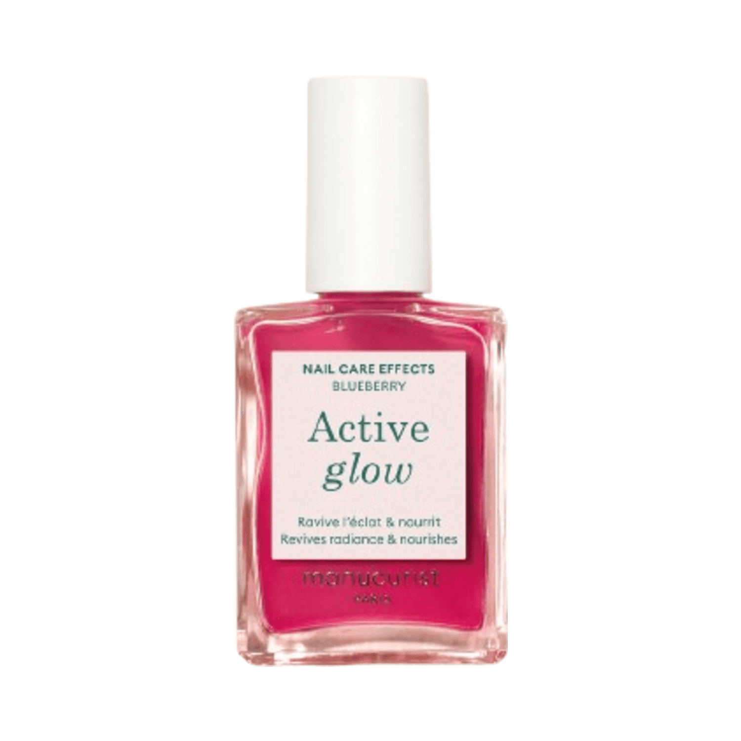 Manucurist Active Glow Blueberry nail polish bottle with cool-rose shade for ultra-glowy finish. Enriched with blueberry and almond oil.