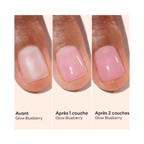 Before and after application of Manucurist Active Glow Blueberry showing nail transformation from bare to ultra-glowy finish in 2 coats.