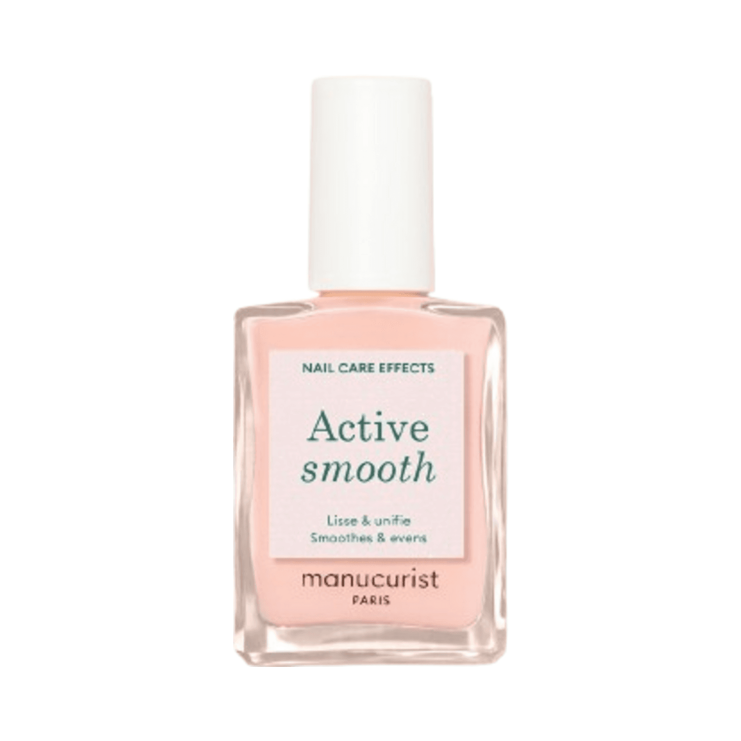 Manucurist Active Smooth nail perfecter polish in a clear bottle with white cap, featuring plant-based formula for smoothing nails.