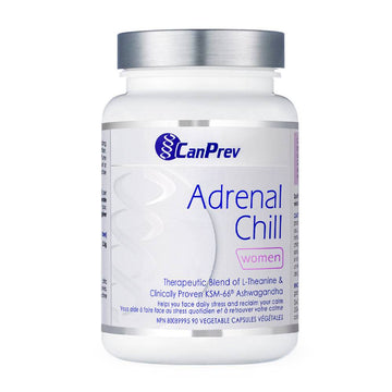 CanPrev Adrenal Chill Stress Relief supplement for women with L-Theanine and Ashwagandha, supports relaxation and well-being in 90 capsules.