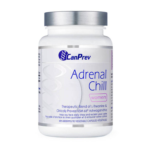 CanPrev Adrenal Chill Stress Relief supplement for women with L-Theanine and Ashwagandha, supports relaxation and well-being in 90 capsules.