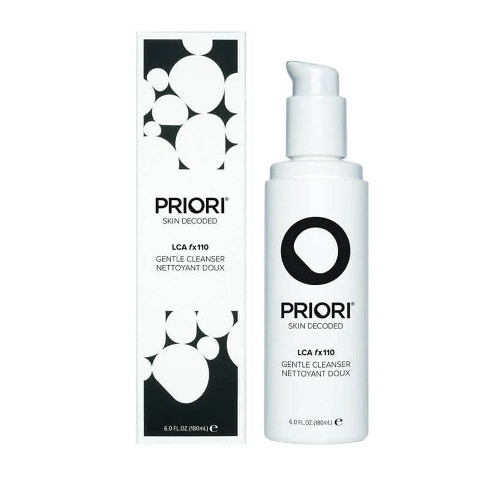Priori AHA Gentle Facial Cleanser with outer packaging, featuring sleek design for exfoliating and cleansing dull, uneven skin.