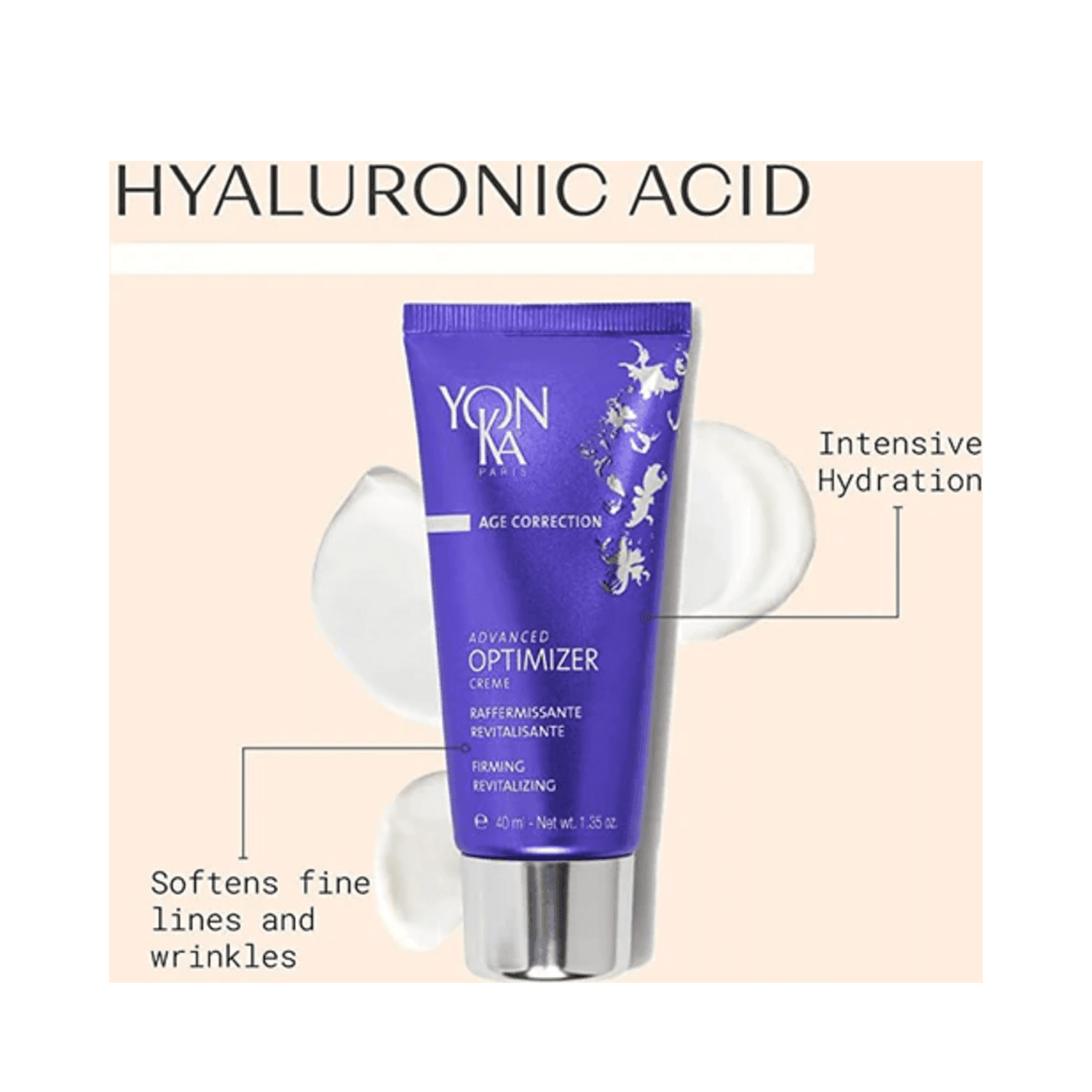 Yonka Advanced Optimizer Cream with hyaluronic acid for hydration. Softens fine lines and wrinkles while enhancing skin elasticity.