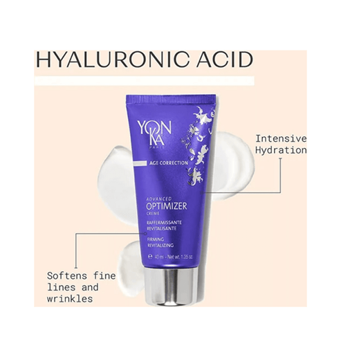 Yonka Advanced Optimizer Cream with hyaluronic acid for hydration. Softens fine lines and wrinkles while enhancing skin elasticity.
