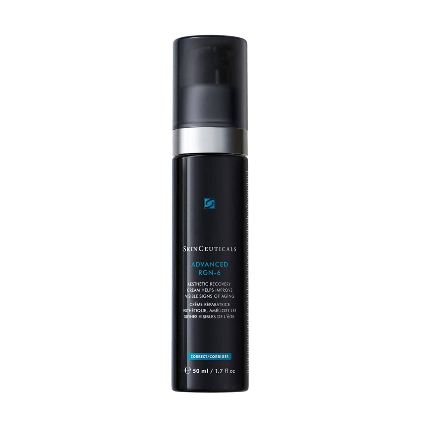 SkinCeuticals Advanced RGN-6 face cream in a sleek black 50ml pump bottle, designed to regenerate 6 aging signs and improve skin tone.