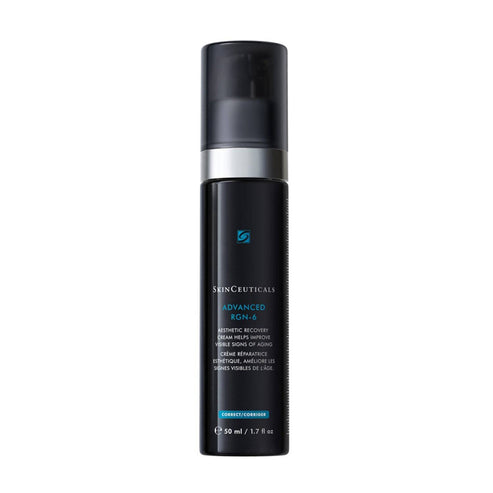 SkinCeuticals Advanced RGN-6 face cream in a sleek black 50ml pump bottle, designed to regenerate 6 aging signs and improve skin tone.