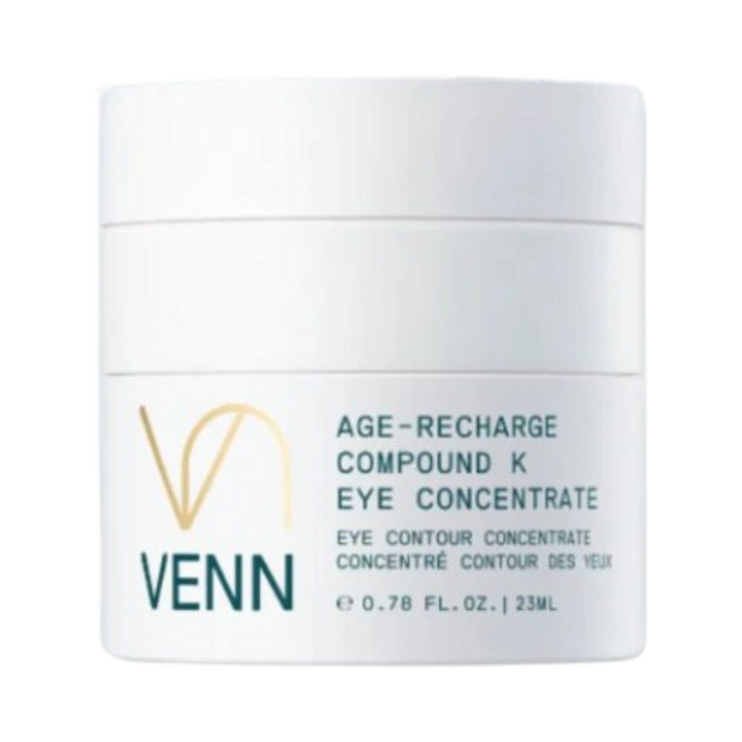 Venn Age-Recharge Compound K Eye Concentrate jar with 23ml label, designed to target eye area concerns like wrinkles and puffiness.